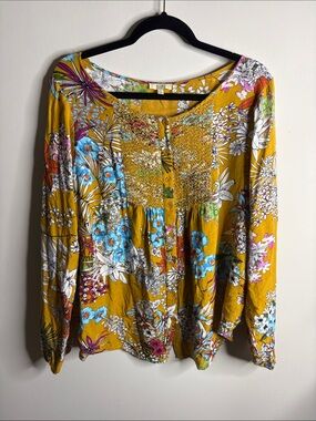 Kori Mustard Floral Button-Front Blouse with Blue & Pink Accents